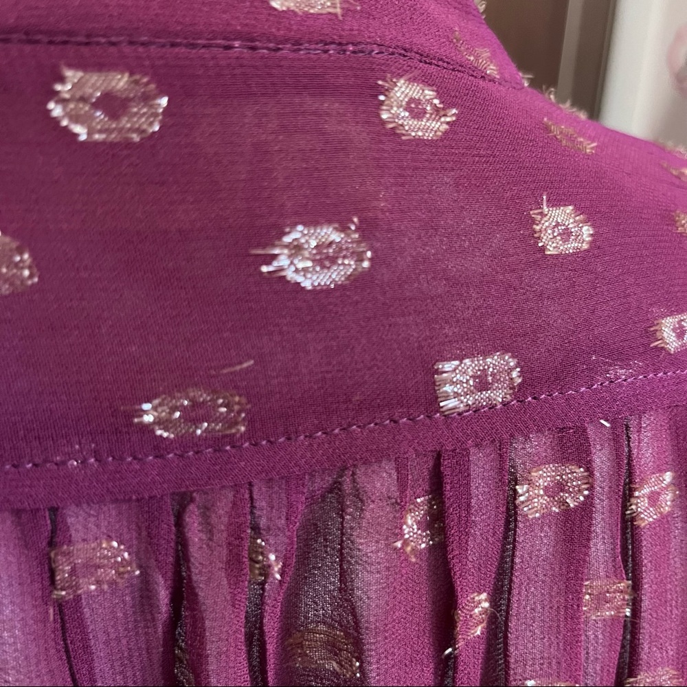 SOLD E Anthropologie Moulinette Soeurs Plum Gold Metallic Sheer Button Up Blouse - Picture 8 of 10